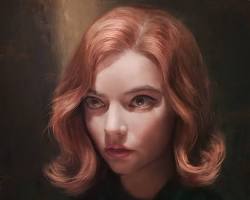 Retrato da personagem Beth Harmon, de O Gambito de 
                            Rainha, destacando seu marcante cabelo ruivo ondulado e olhar intenso sob uma iluminação suave.